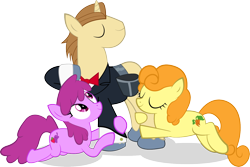 Size: 1504x1004 | Tagged: safe, artist:miroslav46, imported from derpibooru, berry punch, berryshine, carrot top, con mane, donut joe, golden harvest, earth pony, pony, unicorn, clothes, eyes closed, female, male, mare, simple background, stallion, transparent background