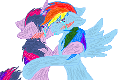 Size: 236x161 | Tagged: safe, artist:tsukaimonboom, imported from derpibooru, rainbow dash, twilight sparkle, pegasus, pony, unicorn, crying, duo, female, floppy ears, kiss on the lips, kissing, lesbian, mare, picture for breezies, shipping, simple background, twidash, unicorn twilight, white background