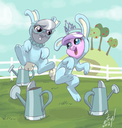 Size: 622x650 | Tagged: safe, artist:atryl, imported from derpibooru, diamond tiara, silver spoon, earth pony, pony, bunny costume, clothes, cute, diamondbetes, duo, female, fence, filly, glasses, grin, jumping, open mouth, smiling, watering can