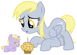 Size: 4200x3000 | Tagged: safe, artist:beavernator, imported from derpibooru, derpy hooves, dinky hooves, pegasus, pony, unicorn, baby, baby dinky hooves, baby pony, candle, equestria's best mother, female, foal, mare, muffin, prone, simple background, white background