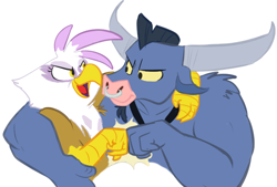 Size: 660x446 | Tagged: safe, artist:php27, imported from derpibooru, gilda, iron will, griffon, minotaur, duo, eye contact, female, fist bump, hug, looking at each other, male, simple background, white background