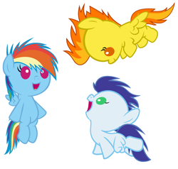 Size: 4200x4000 | Tagged: safe, artist:beavernator, imported from derpibooru, rainbow dash, soarin', spitfire, pegasus, pony, absurd resolution, baby, baby dash, baby pony, colt, cute, cutefire, dashabetes, female, filly, flying, foal, male, open mouth, open smile, show accurate, simple background, smiling, soarinbetes, spread wings, white background, wings, younger