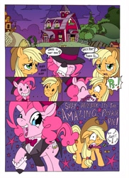 Size: 1000x1377 | Tagged: safe, artist:mohawkrex, artist:whysoseriouss, imported from derpibooru, applejack, pinkie pie, earth pony, pony, comic:a piece of pie, ..., applepie, barn, candy, clothes, colored, comic, coughing, duo, eyes closed, female, food, grin, hat, huff, interrupted, kiss on the lips, kissing, lesbian, mare, open mouth, open smile, shipping, smiling, smooch, stars, surprise kiss, sweet apple acres, the amazing pinkie pie, tongue out, top hat, tuxedo