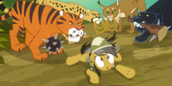 Size: 865x431 | Tagged: safe, imported from derpibooru, screencap, daring do, big cat, cat, cheetah, lynx, panther, pegasus, pony, tiger, read it and weep, :o, ahuizotl's cats, animal, club, club (weapon), female, flail, lasso, mare, morning star, mouth hold, prone, rope, spiked club, too many cats, weapon, wide eyes