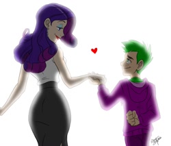 Size: 1119x952 | Tagged: safe, artist:aeolus06, imported from derpibooru, rarity, spike, human, curvy, cute, ear piercing, earring, eye contact, female, heart, holding hands, hourglass figure, human spike, humanized, jewelry, lipstick, looking at each other, male, piercing, shipping, simple background, sparity, straight, white background