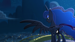 Size: 1920x1080 | Tagged: safe, artist:lionheartcartoon, imported from derpibooru, princess luna, alicorn, pony, children of the night, balcony, canterlot, female, mare, night, rear view, solo, spread wings, wallpaper, wings, wip