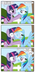 Size: 697x1406 | Tagged: safe, artist:gonzahermeg, imported from derpibooru, rainbow dash, twilight sparkle, pegasus, pony, unicorn, lesson zero, 3 panel comic, blushing, comic, duo, female, goggles, kiss on the lips, kissing, lesbian, mare, misunderstanding, shipping, shocked, surprise kiss, surprised, twidash, unicorn twilight, wide eyes, wingboner