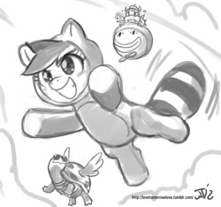 Size: 1280x1200 | Tagged: safe, artist:johnjoseco, imported from derpibooru, rainbow dash, tank, pony, tanooki, turtle, bowser, clothes, costume, crossover, grayscale, koopa clown car, luigi, mario, monochrome, nintendo, pet, power-up, super mario bros., super mario bros. 3, tanooki suit, weegee