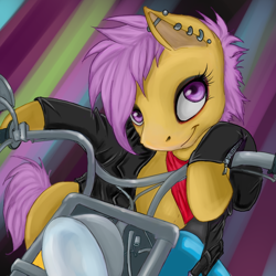 Size: 700x700 | Tagged: safe, artist:shad-o-ren, imported from derpibooru, scootaloo, pony, semi-anthro, abstract background, clothes, female, goth, jacket, motorcycle, piercing, solo