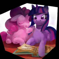 Size: 700x700 | Tagged: safe, artist:cabyowl, imported from derpibooru, pinkie pie, twilight sparkle, earth pony, pony, unicorn, book, cutie mark, explicit source, eyes closed, female, floppy ears, lesbian, mare, prone, reading, shipping, twinkie