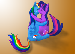 Size: 1024x745 | Tagged: safe, artist:furor1, imported from derpibooru, rainbow dash, twilight sparkle, pegasus, pony, unicorn, crying, duo, female, gradient background, kissing, lesbian, mare, shipping, sitting, twidash, unicorn twilight