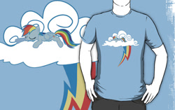 Size: 556x350 | Tagged: safe, artist:animayhem, imported from derpibooru, rainbow dash, pegasus, pony, animayhem, clothes, cloud, cutie mark, eyes closed, female, hooves, lying on a cloud, mare, on a cloud, prone, redbubble, shirt, wings