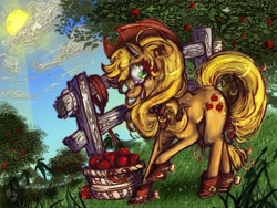 Size: 900x675 | Tagged: safe, artist:corrsollarobot, imported from derpibooru, applejack, earth pony, pony, apple, basket, boots, female, fence, grass, mare, off model, orchard, solo, spurs, sun, tree