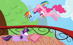 Size: 8000x5000 | Tagged: safe, artist:kittyhawk-contrail, imported from derpibooru, pinkie pie, rainbow dash, twilight sparkle, earth pony, pegasus, pony, unicorn, absurd resolution, balcony, book, female, mare, pounce, prone, surprised