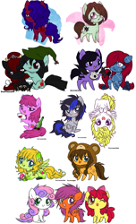 Size: 1658x2722 | Tagged: safe, artist:ponymonster, imported from derpibooru, apple bloom, berry punch, scootaloo, surprise, sweetie belle, oc, bat, earth pony, pegasus, pony, unicorn, chibi, cutie mark crusaders, female, filly, flying, g1, g1 to g4, g4, generation leap, glasses, hat, mushroom, simple background, white background