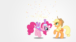 Size: 1920x1080 | Tagged: safe, artist:gratlofatic, imported from derpibooru, applejack, pinkie pie, earth pony, pony, applepie, confetti, female, lesbian, mare, shipping, surprised, vector, wallpaper