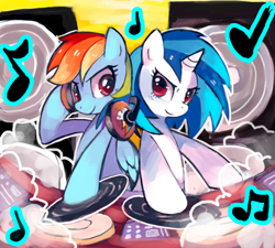 Size: 700x629 | Tagged: dead source, safe, artist:suikuzu, imported from derpibooru, dj pon-3, rainbow dash, vinyl scratch, pegasus, pony, unicorn, duo, female, headphones, mare, music notes, turntable