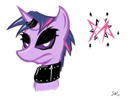 Size: 716x553 | Tagged: safe, artist:saliantsunbreeze, imported from derpibooru, twilight sparkle, pony, unicorn, alternate cutie mark, alternate hairstyle, collar, eyeliner, eyeshadow, female, goth, horn ring, makeup, mare, simple background, solo, white background