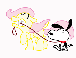 Size: 1280x989 | Tagged: safe, artist:toonfreak, imported from derpibooru, fluttershy, pegasus, pony, crossover, female, floppy ears, leash, mare, mouth hold, peanuts, simple background, snoopy, walking