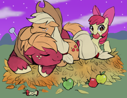 Size: 1451x1121 | Tagged: dead source, safe, artist:suikuzu, imported from derpibooru, apple bloom, applejack, big macintosh, earth pony, pony, apple, apple bloom's bow, apple core, apple siblings, applejack's hat, bow, colored, cowboy hat, eyes closed, female, filly, hair bow, hat, leaves, looking at you, lying down, male, mare, mouth hold, night, prone, sleeping, smiling, stallion, starry night, stars