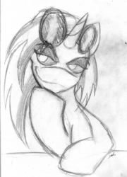 Size: 575x800 | Tagged: safe, artist:saliantsunbreeze, imported from derpibooru, dj pon-3, vinyl scratch, pony, unicorn, bust, female, gif, looking sideways, mare, monochrome, non-animated gif, smiling, smirk, solo