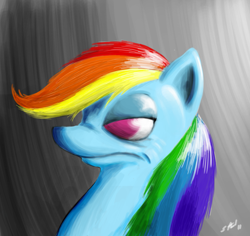 Size: 1875x1770 | Tagged: safe, artist:saliantsunbreeze, imported from derpibooru, rainbow dash, pegasus, pony, abstract background, bust, female, frown, mare, no pupils, portrait, solo