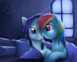 Size: 1280x1024 | Tagged: safe, artist:cat-cly, artist:melancholysanctuary, imported from derpibooru, rainbow dash, rarity, pegasus, pony, unicorn, bed, bedsheets, crepuscular rays, female, lesbian, mare, prone, raridash, shipping, window