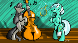 Size: 4464x2480 | Tagged: safe, artist:saliantsunbreeze, imported from derpibooru, lyra heartstrings, octavia melody, earth pony, pony, unicorn, bipedal, cello, duo, eyes closed, female, lyre, mare, music, musical instrument