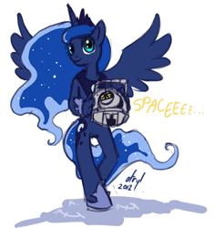 Size: 470x500 | Tagged: safe, artist:atryl, imported from derpibooru, princess luna, alicorn, anthro, unguligrade anthro, crossover, female, mare, personality core, portal (valve), portal 2, space core, spread wings, wings