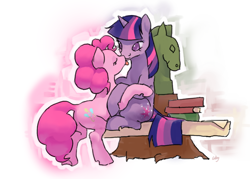 Size: 700x500 | Tagged: safe, artist:cabyowl, imported from derpibooru, pinkie pie, twilight sparkle, earth pony, pony, unicorn, explicit source, female, golden oaks library, lesbian, licking, mare, shipping, twinkie