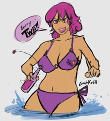 Size: 683x753 | Tagged: safe, artist:moronsonofboron, imported from derpibooru, berry punch, berryshine, human, belly button, bikini, bottle, bottlecap, clothes, dark skin, female, humanized, purple swimsuit, side-tie bikini, solo, swimsuit