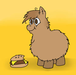 Size: 1405x1385 | Tagged: safe, artist:coalheart, imported from derpibooru, fluffy pony, pony, burger, fluffy pony original art, hamburger, ponies eating meat, solo