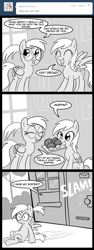 Size: 600x1600 | Tagged: safe, artist:madmax, imported from derpibooru, derpy hooves, pegasus, pony, madmax silly comic shop, comic, door slam, duo, female, glasses, larpy hooves, mare, mouth hold, muffin, ponytail, siblings, sister, twin