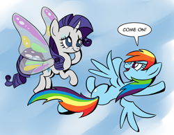 Size: 2159x1684 | Tagged: safe, artist:bronycurious, imported from derpibooru, rainbow dash, rarity, pegasus, pony, unicorn, sonic rainboom (episode), artificial wings, augmented, duo, female, flying, gossamer wings, magic, magic wings, mare, wings