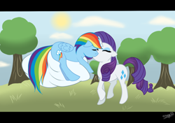 Size: 1280x900 | Tagged: safe, artist:katsuya93, imported from derpibooru, rainbow dash, rarity, pegasus, pony, unicorn, cloud, duo, female, floppy ears, kiss on the lips, kissing, lesbian, mare, raridash, shipping