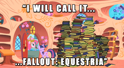 Size: 852x469 | Tagged: safe, edit, edited screencap, imported from derpibooru, screencap, pinkie pie, twilight sparkle, earth pony, pony, unicorn, fallout equestria, party of one, basket, book, eyes closed, female, flower, golden oaks library, image macro, mare