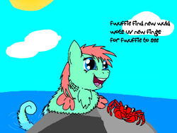 Size: 800x600 | Tagged: safe, artist:fluffsplosion, imported from derpibooru, crab, fluffy pony, sea pony, cloud, cloudy, fluffy pony original art, open mouth, rock, smiling, solo, sun