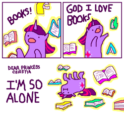 Size: 668x629 | Tagged: safe, artist:seniorpony, imported from derpibooru, twilight sparkle, pony, unicorn, :i, artifact, bipedal, book, comic, female, god i love books, i'm so alone, levitation, lonely, looking at you, magic, mare, meme origin, nerd, on back, open mouth, solo, telekinesis, that pony sure does love books, unicorn twilight, upside down