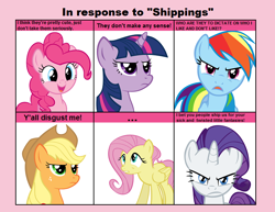 Size: 716x552 | Tagged: safe, imported from derpibooru, applejack, fluttershy, pinkie pie, rainbow dash, rarity, twilight sparkle, earth pony, pegasus, pony, unicorn, 6 pony meme, female, mane six, mare, meme, parody