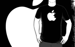 Size: 556x350 | Tagged: safe, artist:animayhem, imported from derpibooru, applejack, human, animayhem, apple, apple (company), black background, clothes, food, jack, monochrome, redbubble, shirt, simple background, solo