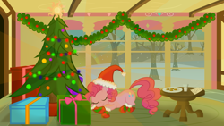 Size: 1920x1080 | Tagged: safe, artist:gratlofatic, imported from derpibooru, pinkie pie, earth pony, pony, christmas, christmas tree, clothes, cookie, female, food, hat, indoors, inside, letter, mare, milk, present, santa hat, sleeping, snow, snowfall, socks, solo, table, tree, vector, wallpaper