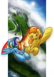 Size: 1021x1462 | Tagged: safe, artist:conicer, imported from derpibooru, rainbow dash, spitfire, pegasus, pony, duo, female, flying, mare, race, rainbow trail, vertigo