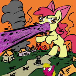 Size: 945x945 | Tagged: safe, artist:megasweet, imported from derpibooru, apple bloom, lily, lily valley, earth pony, pony, energy blast, female, filly, macro, mare, monster, rearing, well