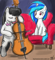 Size: 909x1000 | Tagged: safe, artist:johnjoseco, artist:michos, imported from derpibooru, dj pon-3, octavia melody, vinyl scratch, earth pony, pony, unicorn, cello, chair, duo, female, mare, musical instrument, sitting