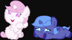 Size: 2000x1120 | Tagged: safe, artist:beavernator, imported from derpibooru, princess celestia, princess luna, alicorn, pony, baby, baby pony, black background, cute, duo, female, filly, fluffy, foal, simple background, woona