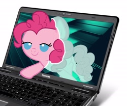 Size: 2400x2000 | Tagged: safe, artist:beavernator, imported from derpibooru, pinkie pie, earth pony, pony, baby, baby pie, baby pony, computer, cute, diapinkes, female, filly, foal, fourth wall, high res, laptop computer, lidded eyes, solo, toshiba