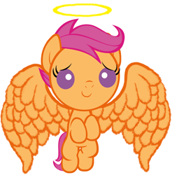 Size: 2520x2560 | Tagged: safe, artist:beavernator, imported from derpibooru, scootaloo, pegasus, pony, angel, baby, baby pony, baby scootaloo, female, filly, foal, halo, high res, hilarious in hindsight, large wings, simple background, solo, white background