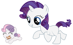 Size: 4200x2600 | Tagged: safe, artist:beavernator, imported from derpibooru, rarity, sweetie belle, pony, unicorn, baby, baby belle, baby pony, duo, female, filly, foal, running, simple background, spool, white background