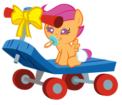 Size: 3352x2880 | Tagged: safe, artist:beavernator, imported from derpibooru, scootaloo, pegasus, pony, baby, baby pony, baby scootaloo, bow, cute, cutealoo, daaaaaaaaaaaw, diaper, female, foal, happy birthday, high res, pacifier, scootalove, scooter, simple background, sitting, solo, white background