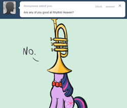 Size: 650x550 | Tagged: safe, artist:flavinbagel, imported from derpibooru, twilight sparkle, pony, unicorn, ask gamer ponies, ask, bowtie, female, mare, musical instrument, simple background, solo, trumpet